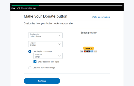 Следуя экранным инструкциям, создайте кнопку пожертвования