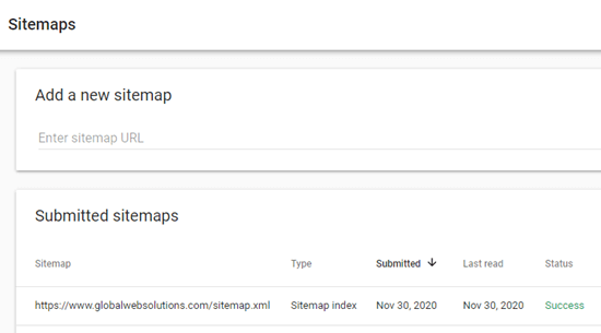 将站点地图提交到 Google Search Console 后，您的站点地图应显示在表格中
