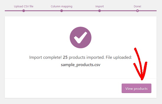 The message showing that the WooCommerce product import is complete
