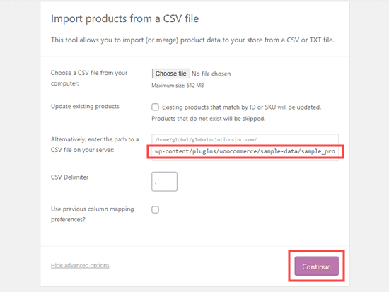 Inserendo il percorso URL del file CSV di esempio del prodotto