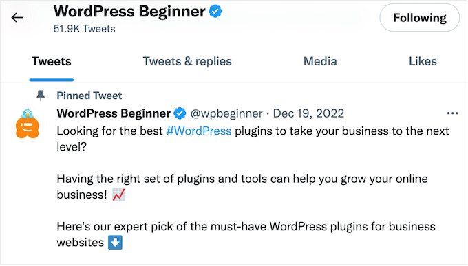 The WPBeginner Twitter account