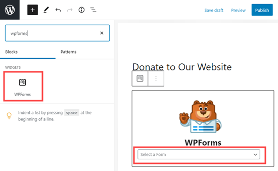Создайте блок WPForms и выберите вашу форму из выпадающего списка