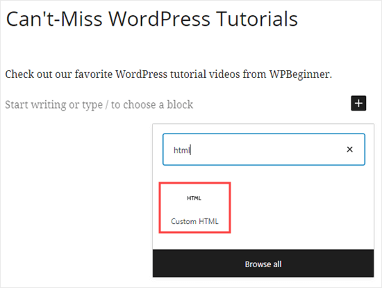 Adding a custom HTML block to WordPress