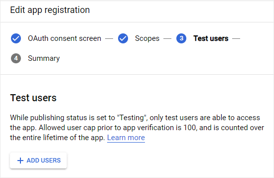 Добавление тестовых пользователей в приложение Google