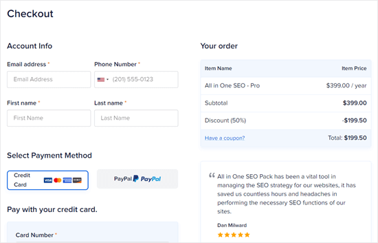 The All in One SEO checkout page, showing that your discount has been applied