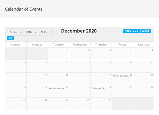 Viewing the calendar of events on your website