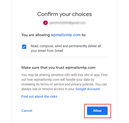 Confirm the permissions that you are giving your Google app