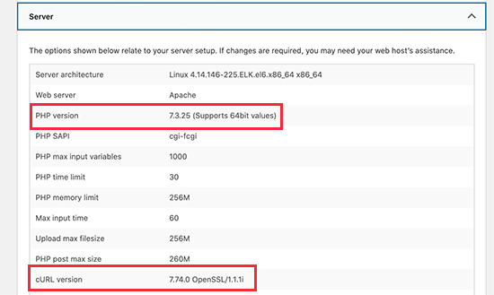 Controlla le versioni PHP, cURL e OpenSSL