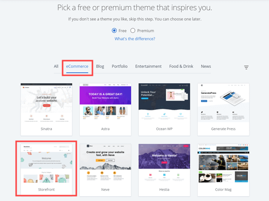 Select Storefront Theme Bluehost