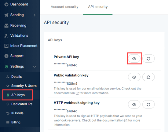 Copia la tua chiave API privata da Mailgun