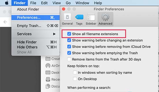 Показать расширение файла на Mac