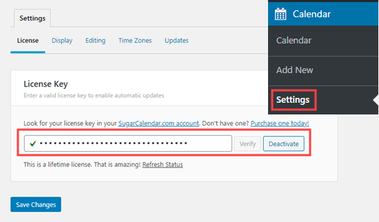 Activating your license key for Sugar Calendar