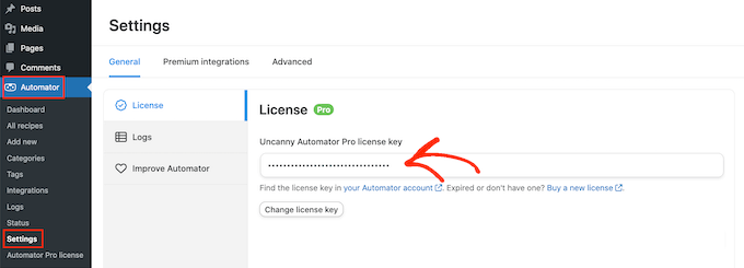 Entering the Uncanny Automator license