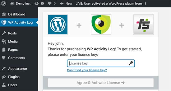 Aggiungi la chiave di licenza per il registro delle attività di WP