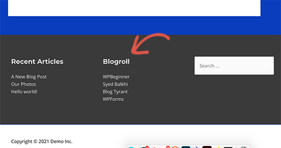 Blogroll nell'area del widget del piè di pagina