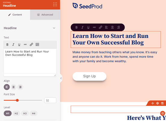 Editing your page headline in SeedProd