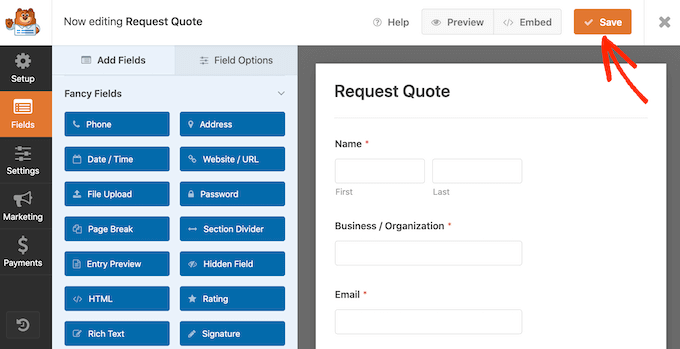Saving your quote request form