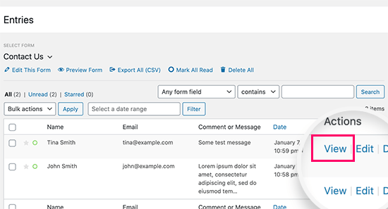 Viewing form entries