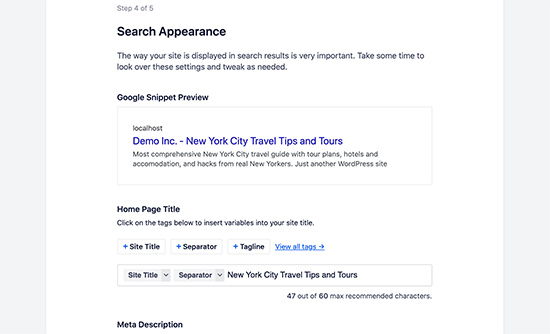 All in One SEO wizard - Search Appearance