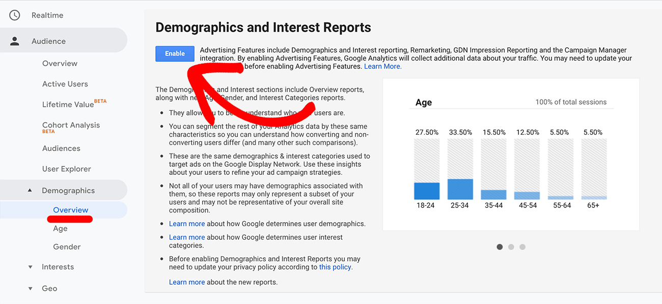 Включение демографической отчетности в Google Analytics
