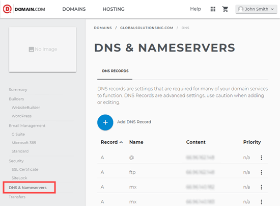 Editing DNS nameservers on Domain.com