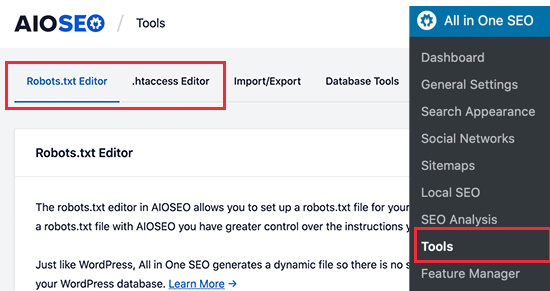 Robots.txt and .htaccess file editor in AIOSEO