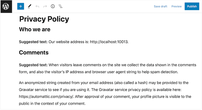 An example of a website's privacy policy