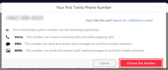 Номер телефона Twilio