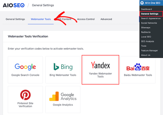 AIOSEO Yandex webmaster tools