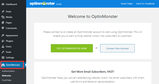 Collega il tuo account OptinMonster al tuo sito WordPress