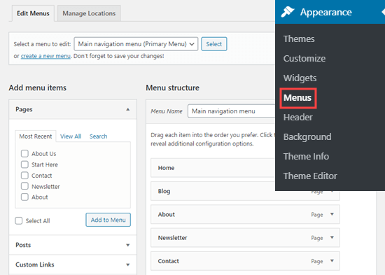 Editing your navigation menu in the WordPress dashboard
