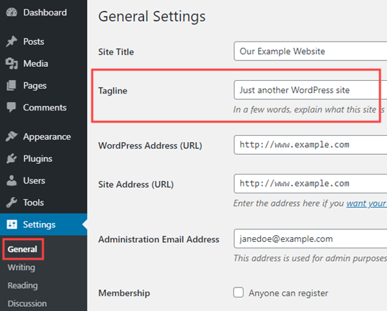 Changing your tagline under Settings - General in WordPress