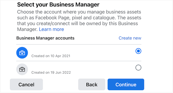 Choosing a Facebook business manager