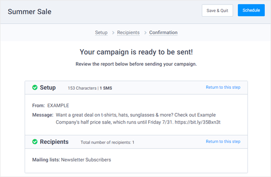 Reviewing your SMS campaign before sending