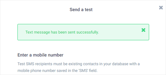 Подтверждение того, что тестовое SMS-сообщение было успешно отправлено