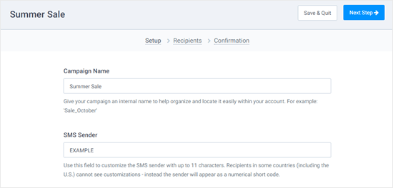 Entering a name and a sender for your SMS campaign