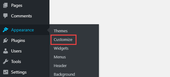 The Appearance - Customize option in WordPress