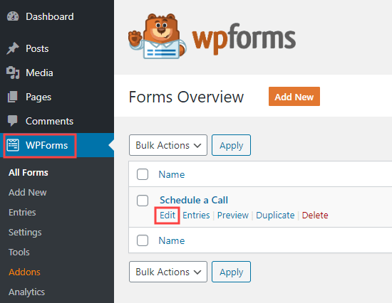 Modifica di un modulo che hai già creato in WPForms