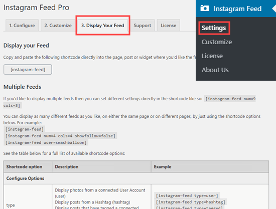 Impostazioni di visualizzazione di Instagram Feed Pro