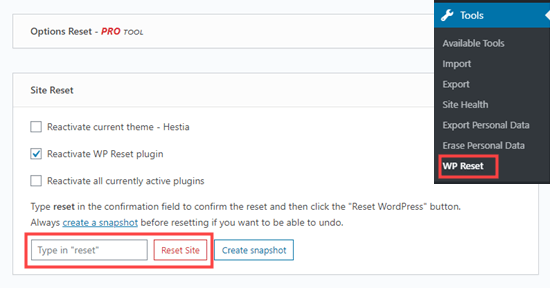 The button in WP Reset to restart your WordPress site