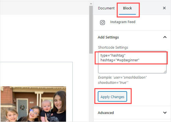 Aggiunta delle impostazioni dello shortcode per il blocco Feed di Instagram