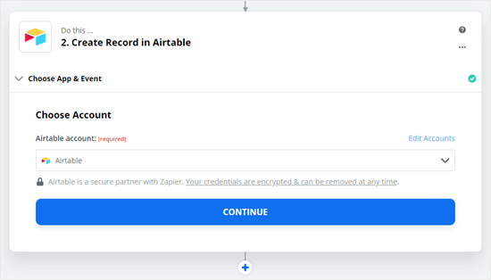 Нажмите кнопку продолжить, как только вы подключите свою учетную запись Zapier к Airtable