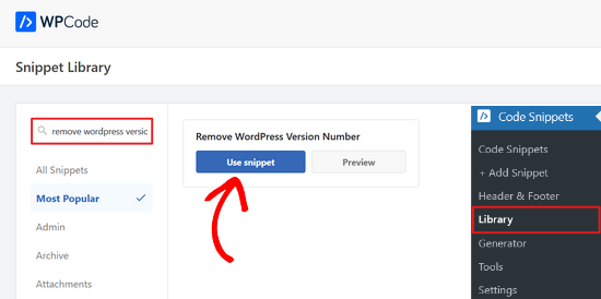 Выберите сниппет Remove WordPress Version Number в WPCode