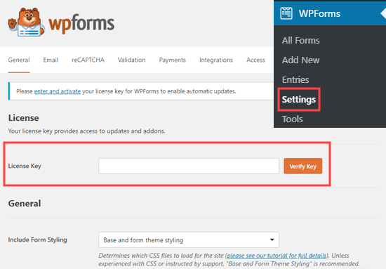 Ввод лицензионного ключа для WPForms