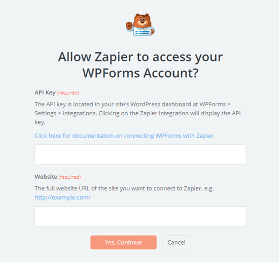 Inserisci la tua chiave API da WPForms e l'URL del tuo sito web