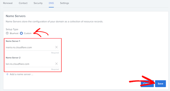 Save new Cloudflare nameservers