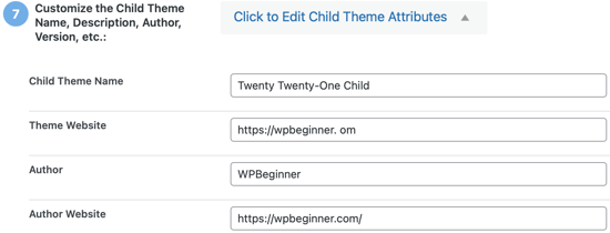 Click to Edit Child Theme Attributes