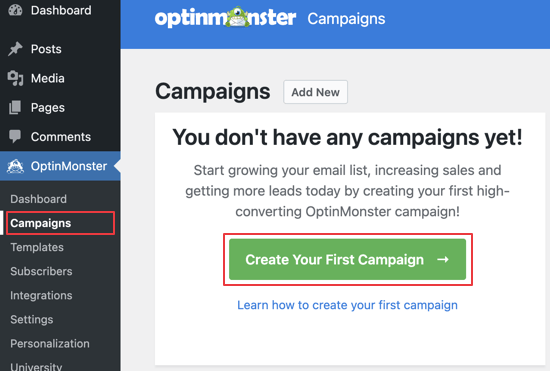 Navigate to the OptinMonster Campaigns Page