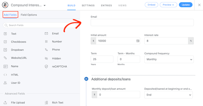 Adding fields to an online calculator