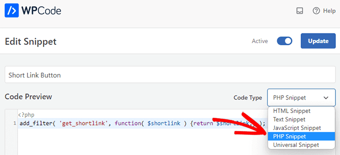 Select PHP Snippet type in WPCode